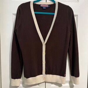 Vineyard Vines Brown Cashmere Blend V-Neck Cardigan Sweater Cream Trim Women's M